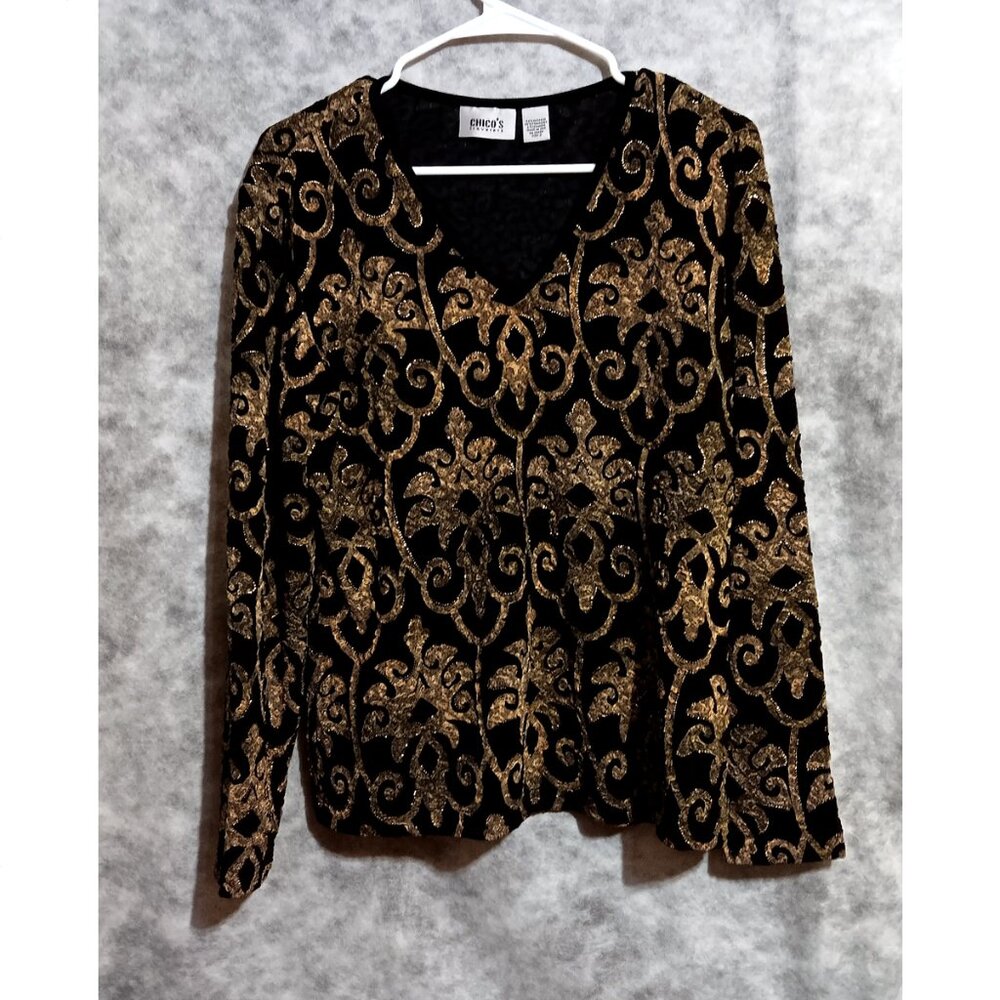 Gorgeous Chico's knit top Wmn's Sz 2/L/12 - 3D fabric curlicue design sparkly